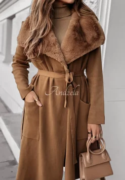 Dzianinowy Plaszcz Z Futrem Autumn Rain Camelowy