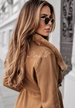 Dzianinowy Plaszcz Z Futrem Autumn Rain Camelowy