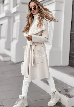 Dzianinowy Plaszcz Z Futrem Autumn Rain Bezowy