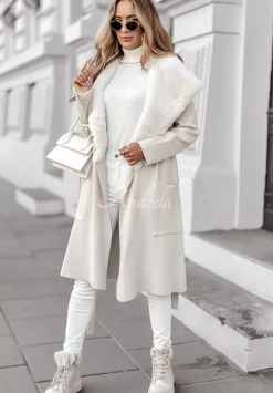 Dzianinowy Plaszcz Z Futrem Autumn Rain Bezowy