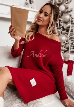 Dzianinowy Sweter Sukienka Oversize California Czerwony