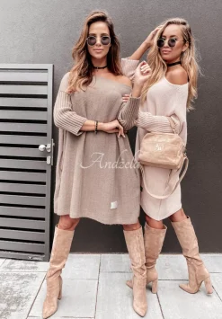 Dzianinowy Sweter Sukienka Oversize California Bezowy