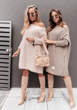 Dzianinowy Sweter Sukienka Oversize California Bezowy