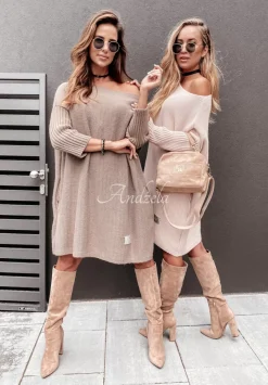 Dzianinowy Sweter Sukienka Oversize California Bezowy
