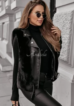 Kamizelka Z Imitacji Skory Z Futerkiem So Chic Czarna
