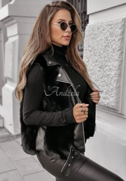 Kamizelka Z Imitacji Skory Z Futerkiem So Chic Czarna