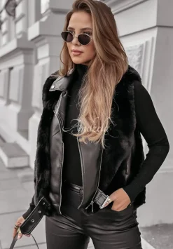 Kamizelka Z Imitacji Skory Z Futerkiem So Chic Czarna