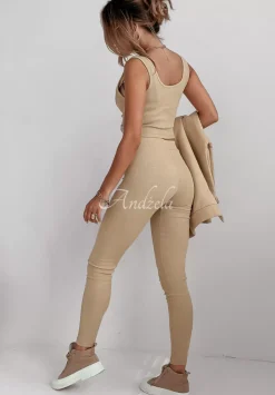 Komplet Dresowy 3In1 Bluza, Legginsy I Top Classic Comfort Bezowy