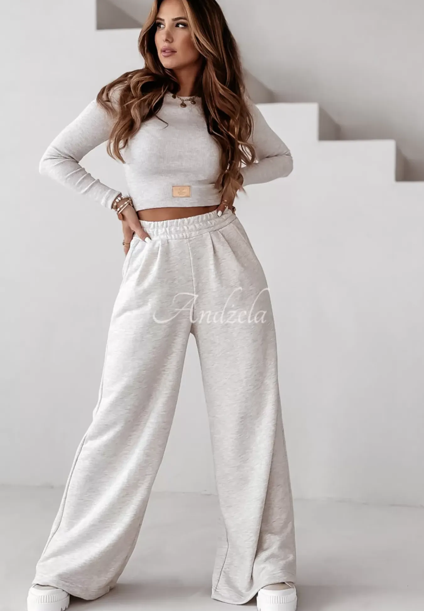 Komplet Prazkowana Bluzka I Spodnie Wide Leg Don'T Stop Jasnobezowy