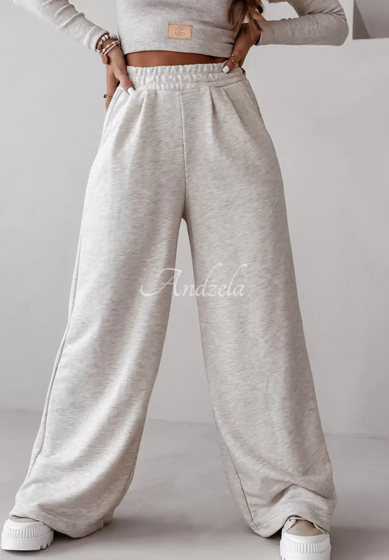 Komplet Prazkowana Bluzka I Spodnie Wide Leg Don'T Stop Jasnobezowy