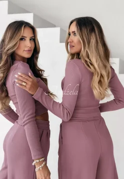 Komplet Prazkowana Bluzka I Spodnie Wide Leg Don'T Stop Brudny Roz