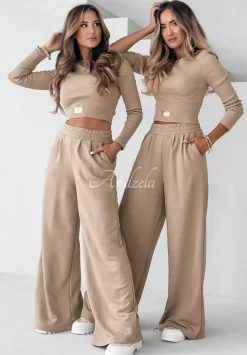 Komplet Prazkowana Bluzka I Spodnie Wide Leg Don'T Stop Camelowy