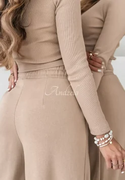 Komplet Prazkowana Bluzka I Spodnie Wide Leg Don'T Stop Camelowy