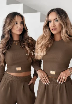 Komplet Prazkowana Bluzka I Spodnie Wide Leg Don'T Stop Czekoladowy