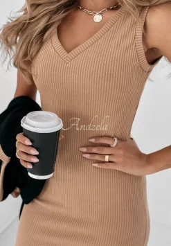 Komplet Prazkowana Sukienka I Sweter Autumn Feelings Camelowy