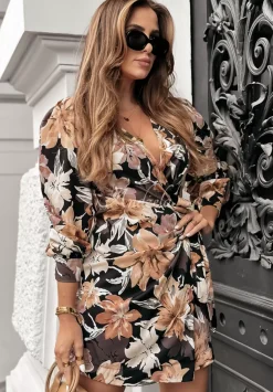 Kopertowa Sukienka W Kwiaty Magnolia Mirage Czarno-Bezowa