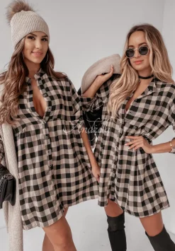 Koszulowa Sukienka W Krate Mackenzie Bezowa