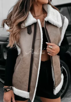 Krotka Kamizelka Z Imitacji Skory Z Kozuchem Lovely Mokka