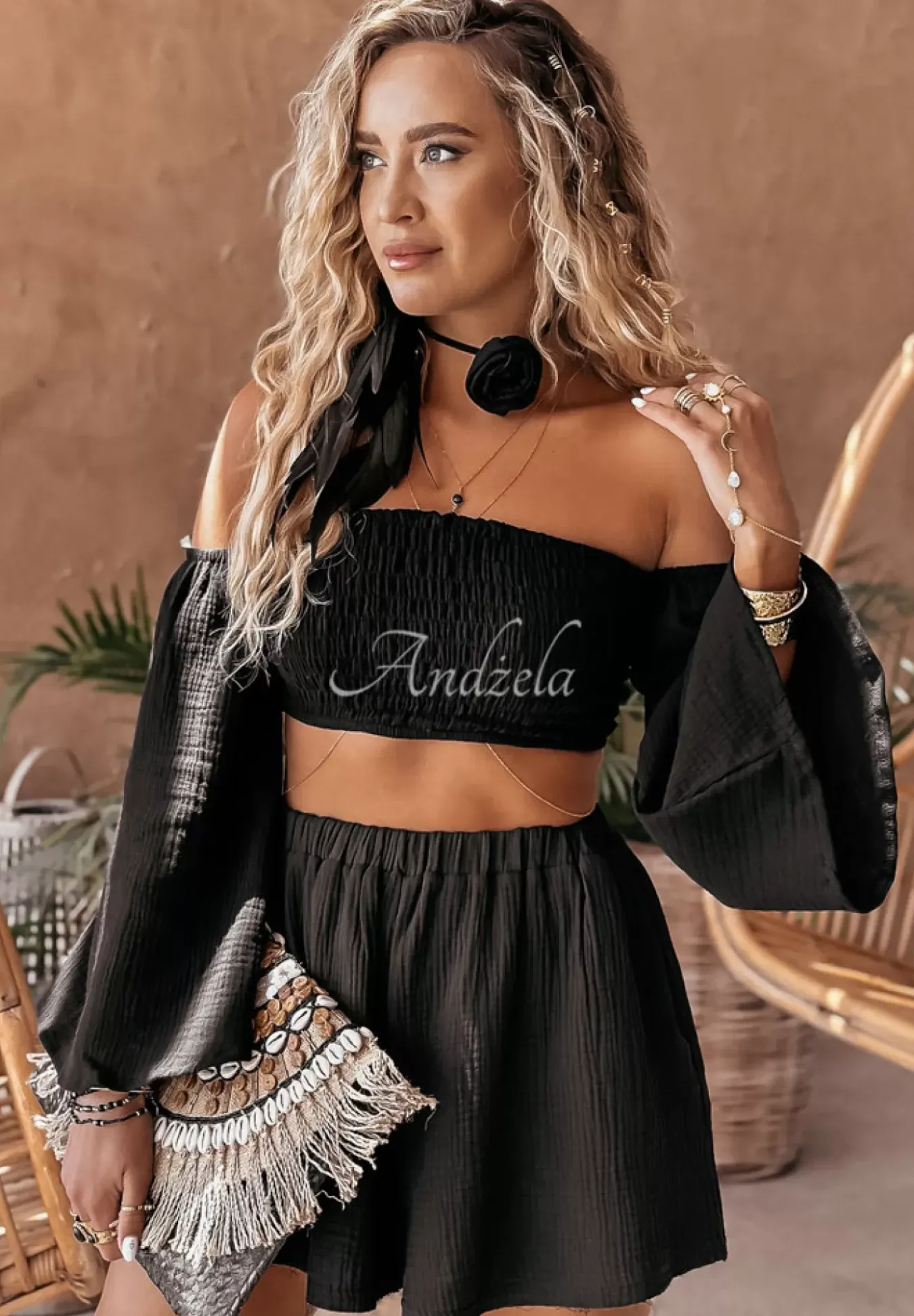 Krotka Muslinowa Bluzka Hiszpanka Aloha Beaches Czarna