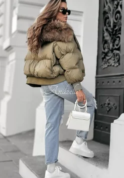 Krotka Pikowana Kurtka Z Futerkiem Winter Frost Oliwkowa