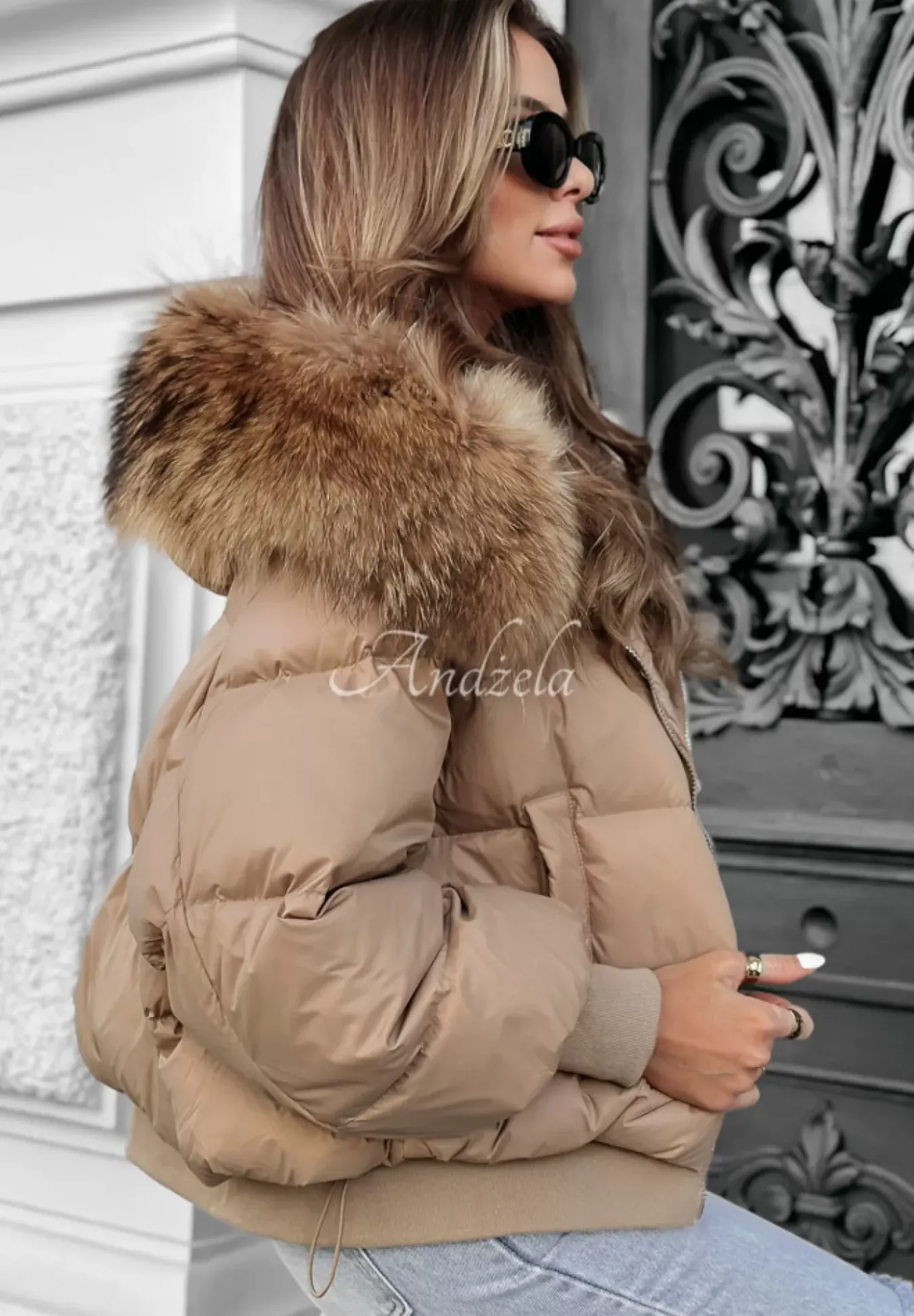 Krotka Pikowana Kurtka Z Futerkiem Winter Frost Bezowa