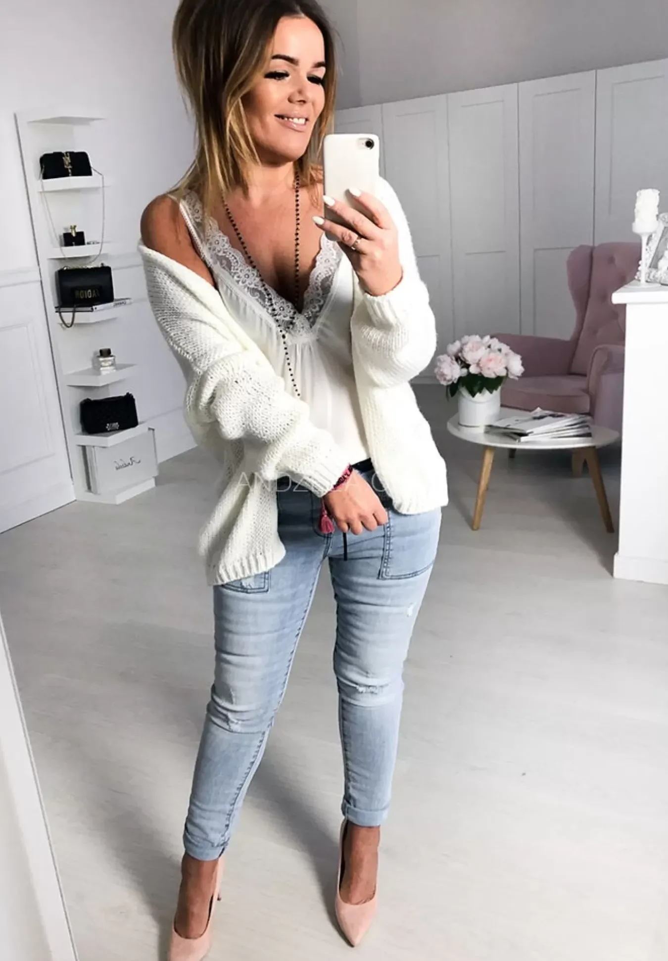 Krotki Dzianinowy Kardigan Bonita Ecru