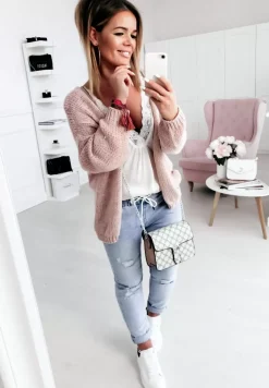 Krotki Dzianinowy Kardigan Bonita Pudrowy Roz