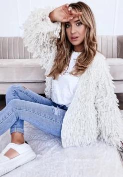 Krotki Kardigan Z Fredzlami Fringe Bezowy