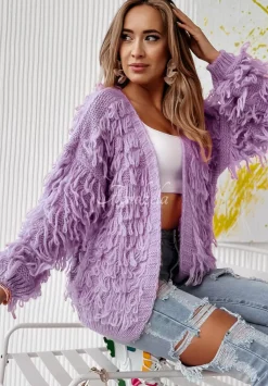 Krotki Kardigan Z Fredzlami Fringe Liliowy
