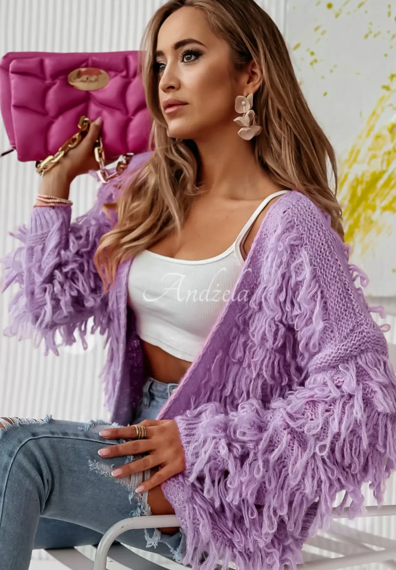 Krotki Kardigan Z Fredzlami Fringe Liliowy