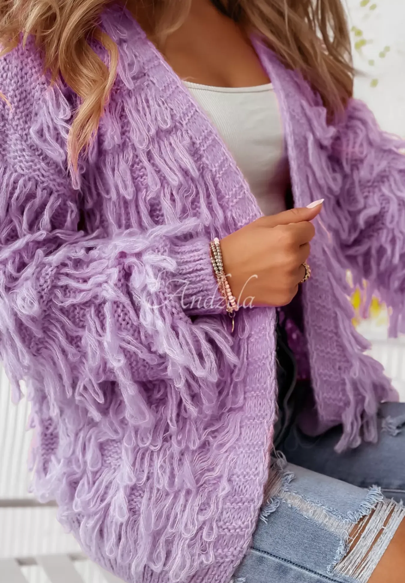 Krotki Kardigan Z Fredzlami Fringe Liliowy