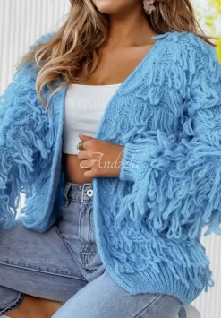 Krotki Kardigan Z Fredzlami Fringe Niebieski