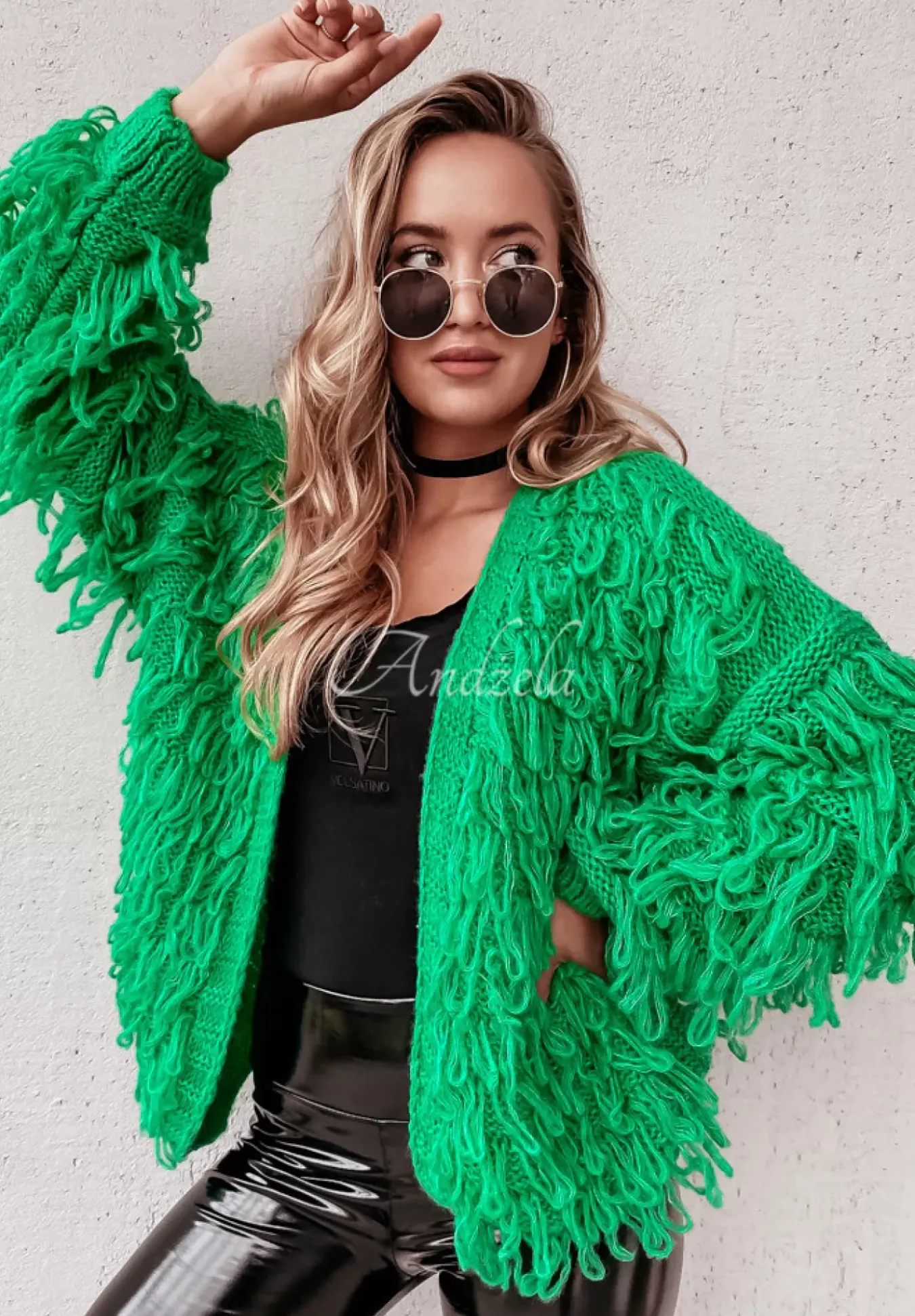 Krotki Kardigan Z Fredzlami Fringe Zielony