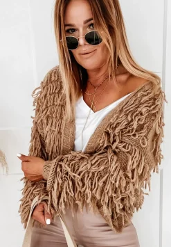 Krotki Kardigan Z Fredzlami Fringe Camelowy