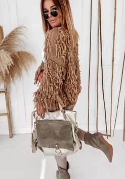 Krotki Kardigan Z Fredzlami Fringe Camelowy