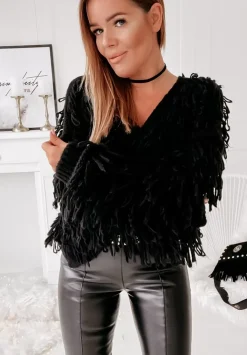 Krotki Kardigan Z Fredzlami Fringe Czarny