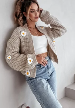 Krotki Kardigan Z Kwiatami Daisy Daydreams Bezowy