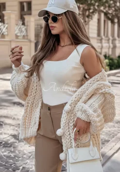 Krotki Ozdobnie Pleciony Kardigan Softly Move Ecru