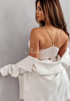 Krotki Satynowy Top Na Zdobionych Ramiaczkach Glam Goddess Ecru