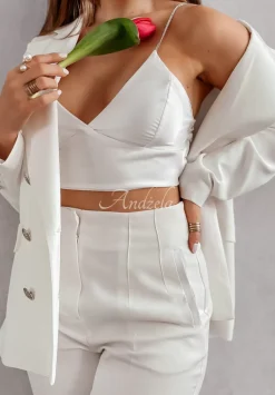 Krotki Satynowy Top Na Zdobionych Ramiaczkach Glam Goddess Ecru