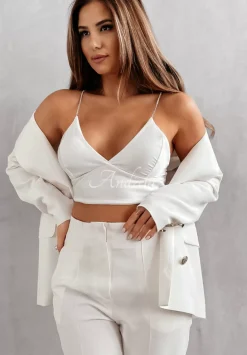 Krotki Satynowy Top Na Zdobionych Ramiaczkach Glam Goddess Ecru