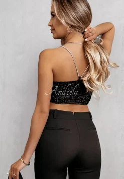 Krotki Satynowy Top Na Zdobionych Ramiaczkach Glam Goddess Czarny