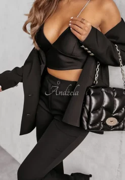 Krotki Satynowy Top Na Zdobionych Ramiaczkach Glam Goddess Czarny