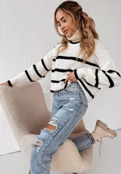 Krotki Sweter Oversize W Paski Z Golfem Ignacio Ecru