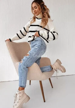 Krotki Sweter Oversize W Paski Z Golfem Ignacio Ecru