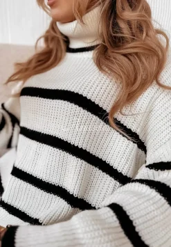 Krotki Sweter Oversize W Paski Z Golfem Ignacio Ecru