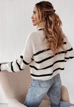 Krotki Sweter Oversize W Paski Z Golfem Ignacio Ecru