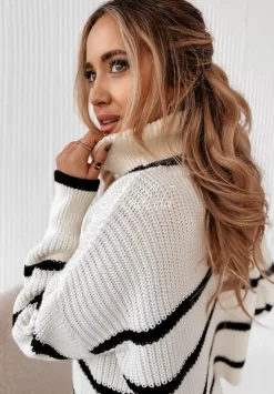 Krotki Sweter Oversize W Paski Z Golfem Ignacio Ecru