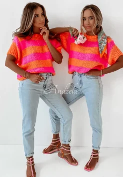 Krotki Sweter W Paski Romney Rozowo-Pomaranczowy