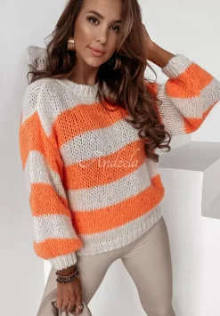Krotki Sweter W Paski Verso Neonowy Pomaranczowy